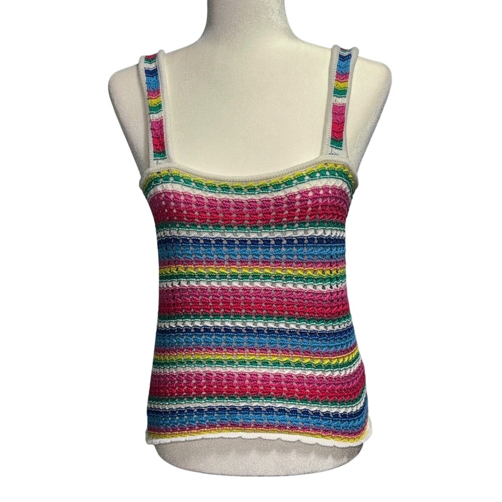 GAP Womens S Crochet Knit Tank Top Retro Rainbow Y2K Festival Striped Boho Chic
